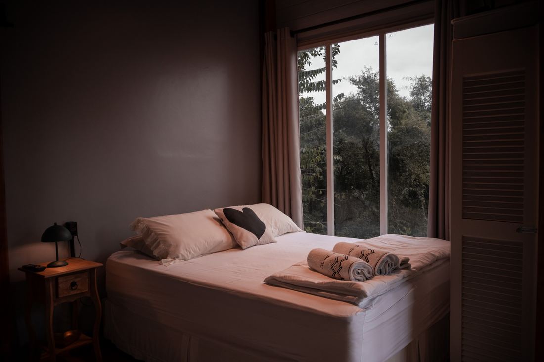 Cama de casal da Tiny House Herrmann Haus com vista para a mata